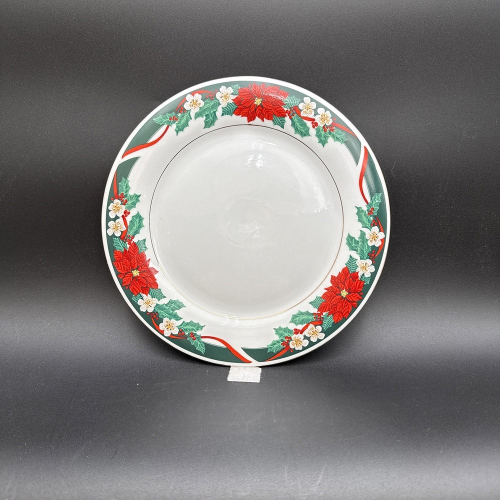 Tienshan Deck The Halls Christmas Fine China Dinner Plates Poinsettia 10.5" EUC